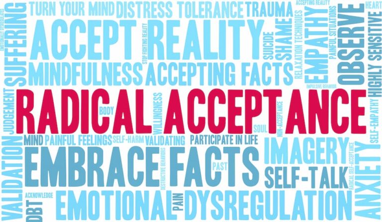 Light blue and red word collage with phrase "Radical Acceptance" in the center.