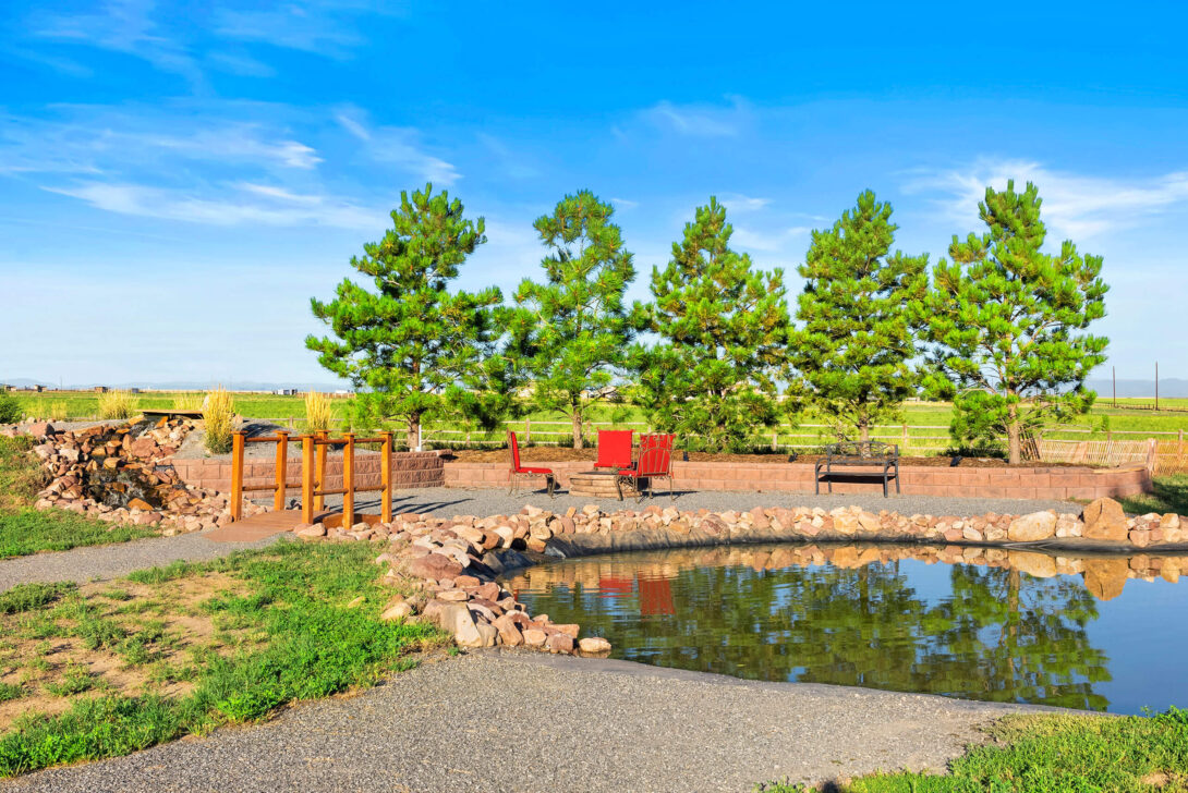 Pond and seating area at the Ranch