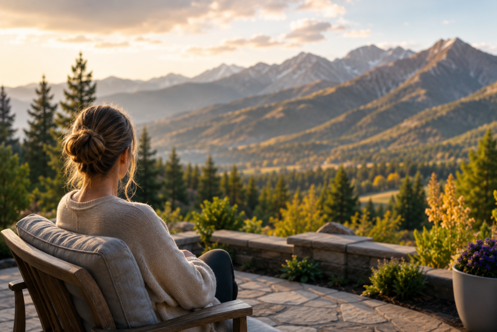 Woman reflecting on recovery while overlooking mountain landscape during residential behavioral health treatment