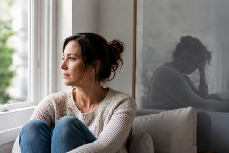 Woman reflecting alone near a window, representing anxiety, depression, and the underlying emotional trauma that often contributes to persistent mental health symptoms.